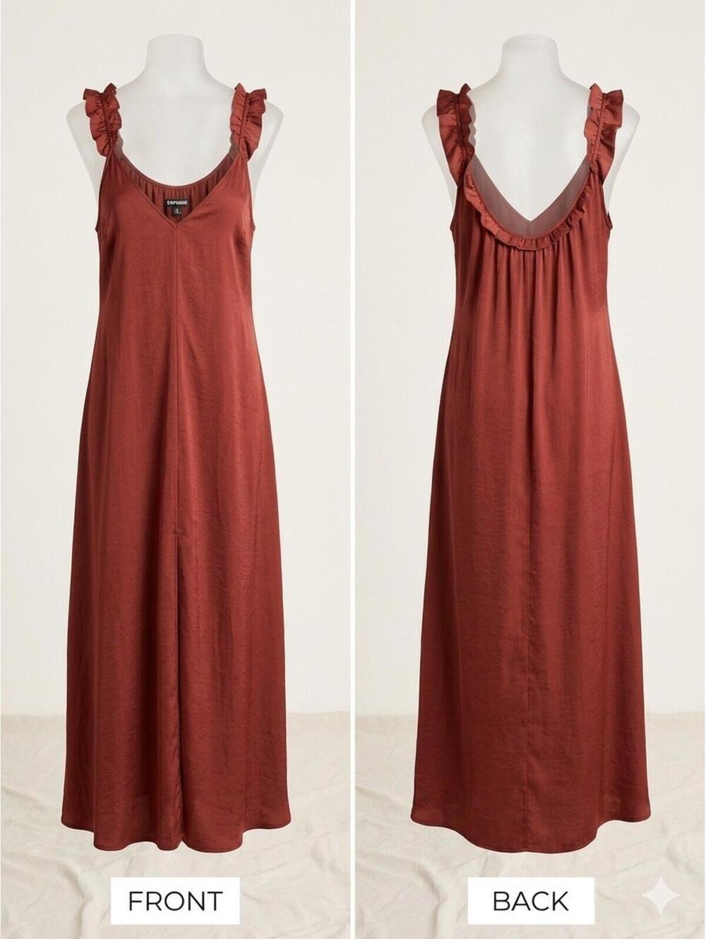 🍷 Y2K Express Rust Satin‎ Ruffle Strap Slip Dress Cocktail Size L 11-19 🍷